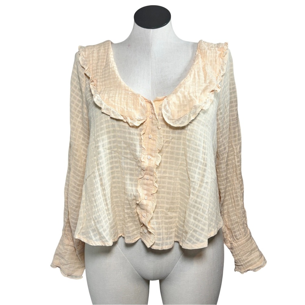 Carly Jean LA Womens Blouse Medium Peach Cotton Ruffle Lagenlook Prairie Blouse
